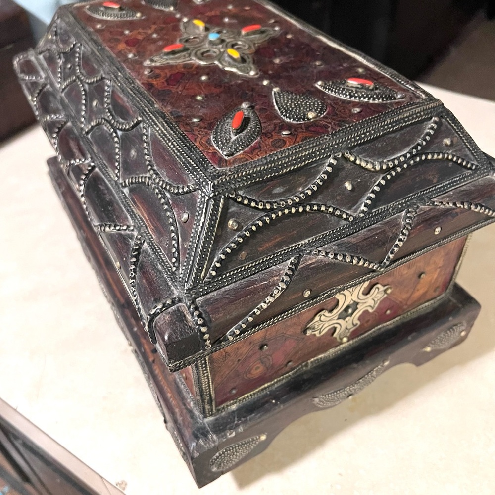 Ornate Moroccan Wooden and Leather Jewelry Box with Silver and Stone Accents - Picture 10 of 16